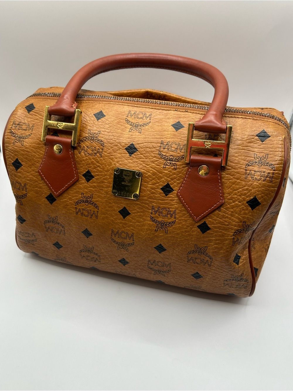 MCM Cognac Visetos Boston Bag